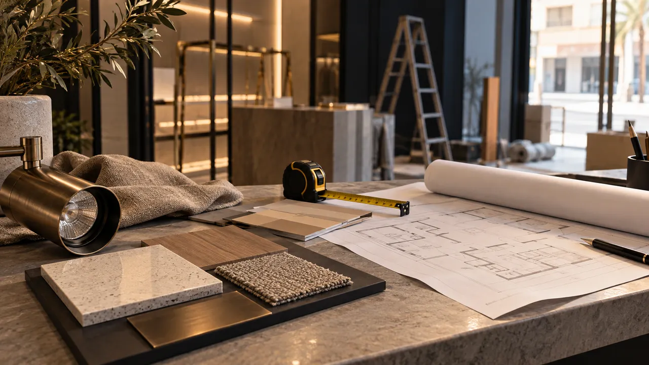 Close-up of an unbranded retail fit-out workbench with material samples, measuring tape, lighting fixture and rolled blank floor plan