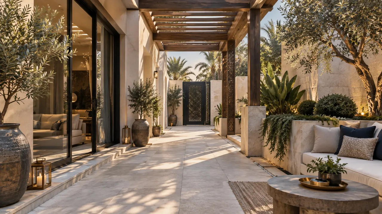 A private villa side courtyard with a pergola, tiled passage and planter wall, no pool