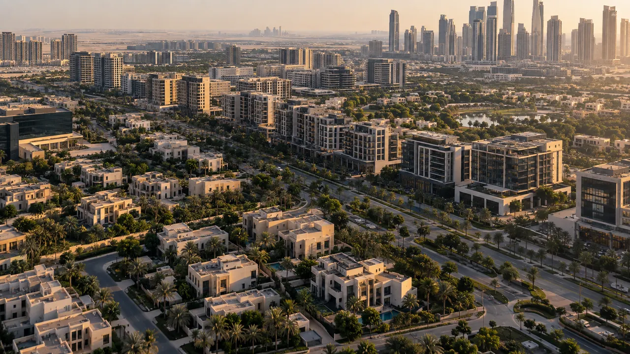 Aerial oblique view of varied generic neighbourhood blocks, tree-lined streets and mixed building densities, no map labels