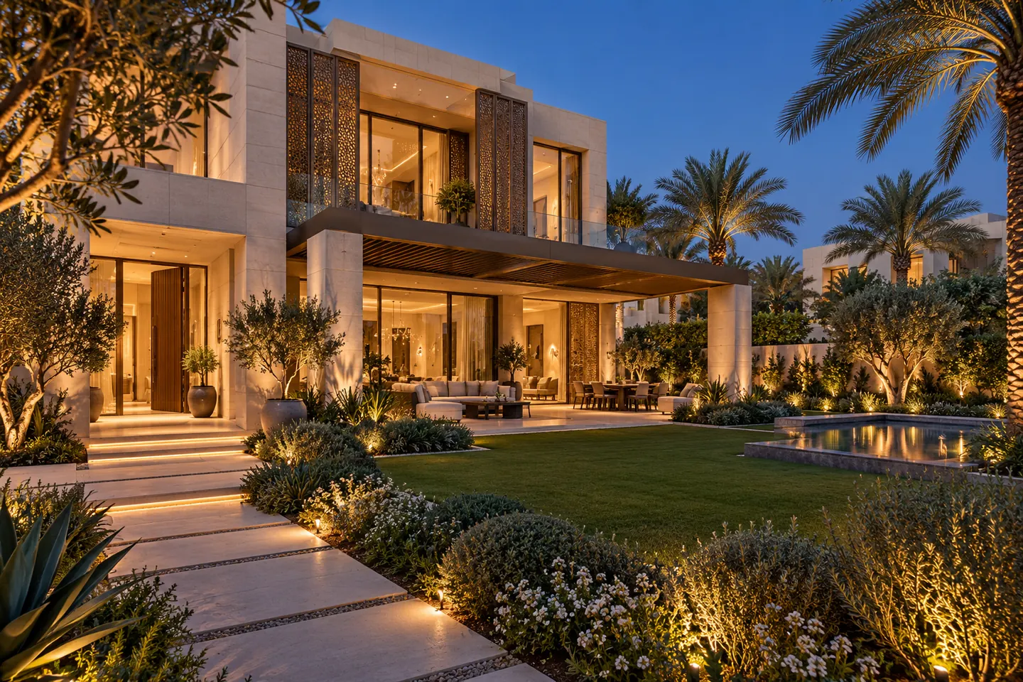 Conceptual limestone villa with a shaded veranda and landscaped garden at dusk