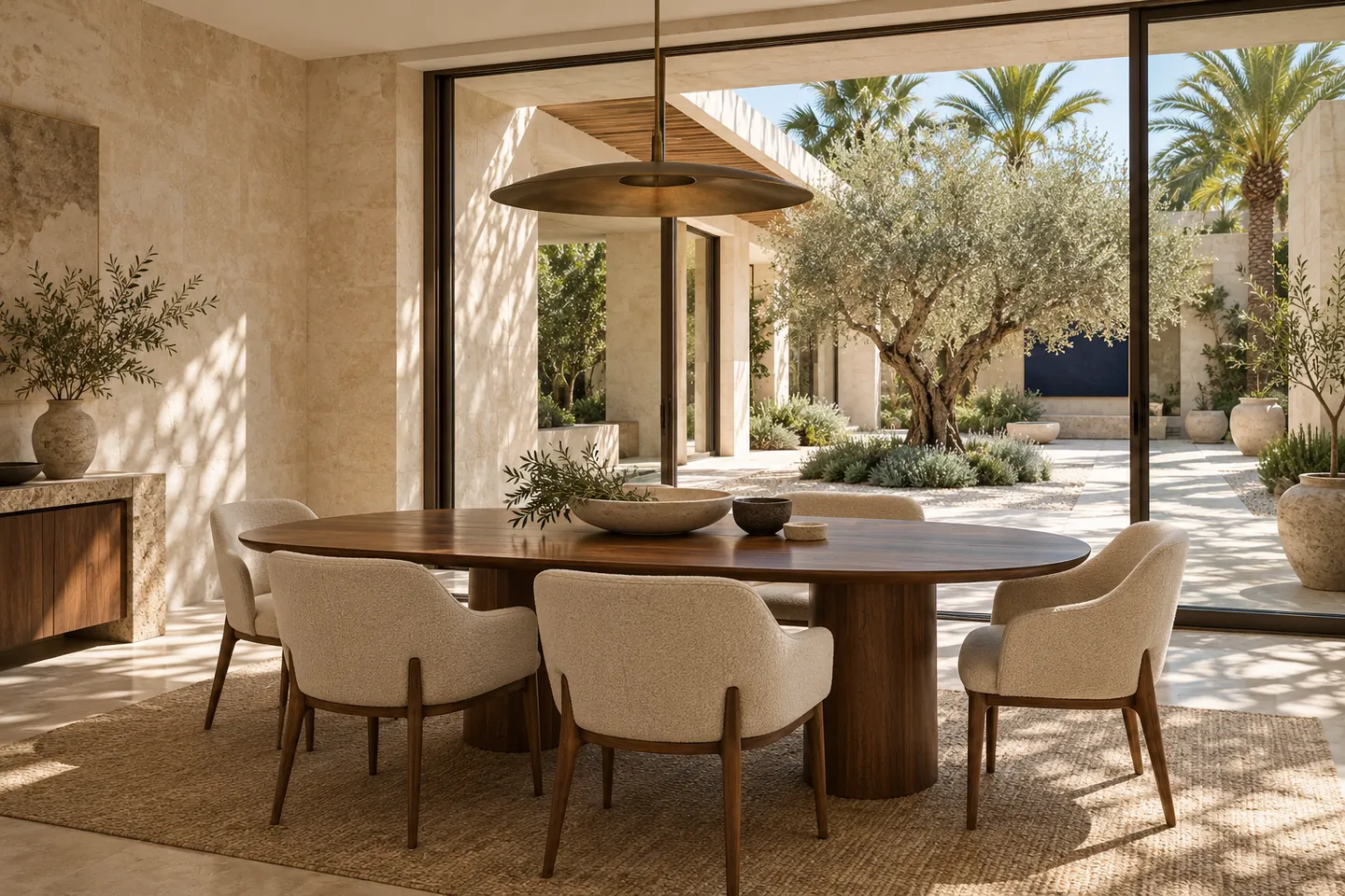 Conceptual villa dining room opening to a shaded planted courtyard
