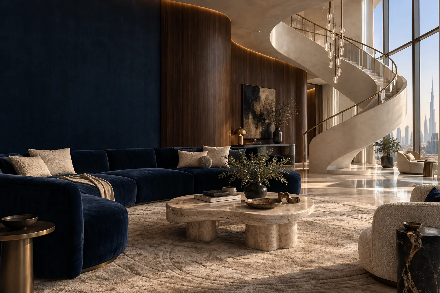 Illustrative penthouse salon with a sculptural staircase