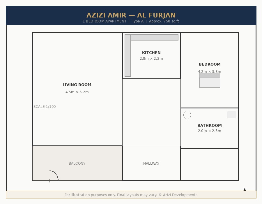 Azizi Pearl — 1 Bedroom Floor Plan