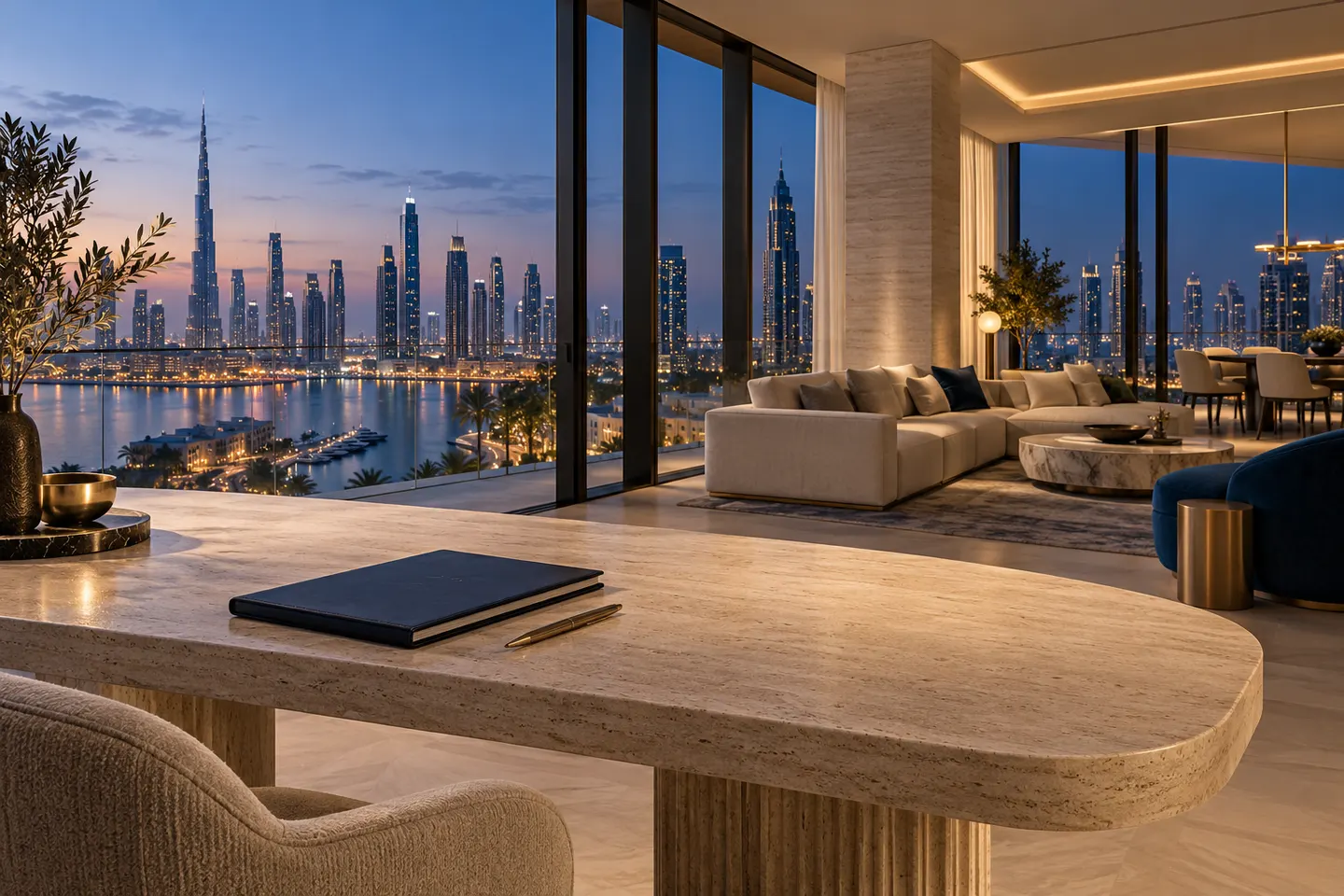Concept of a refined waterfront apartment with a quiet investment planning desk