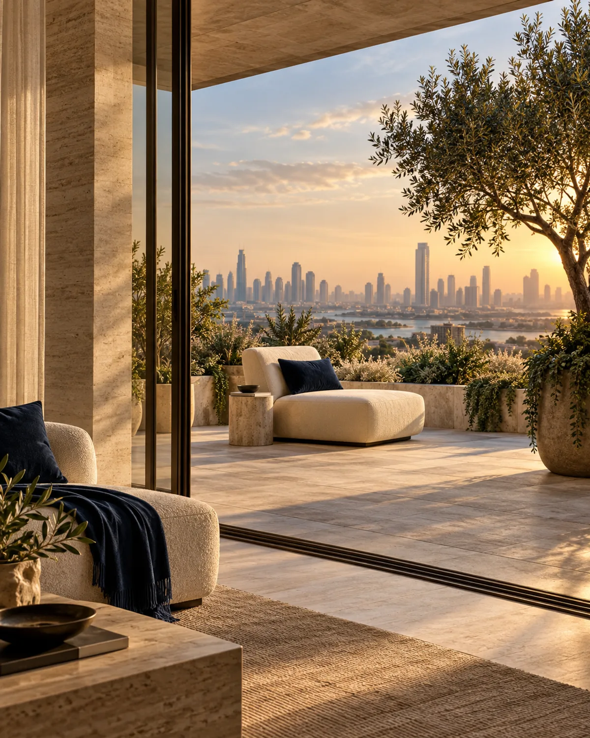 Architectural concept of a sunlit apartment opening onto a planted terrace