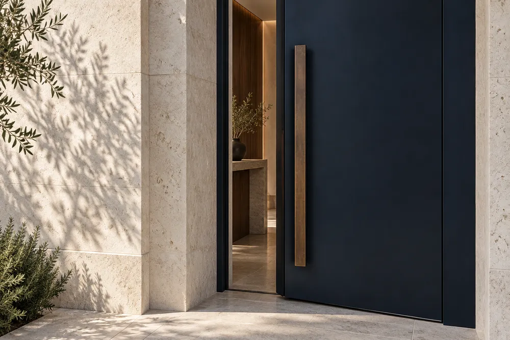 Illustrative navy entrance door with a bronze handle and pale limestone surround