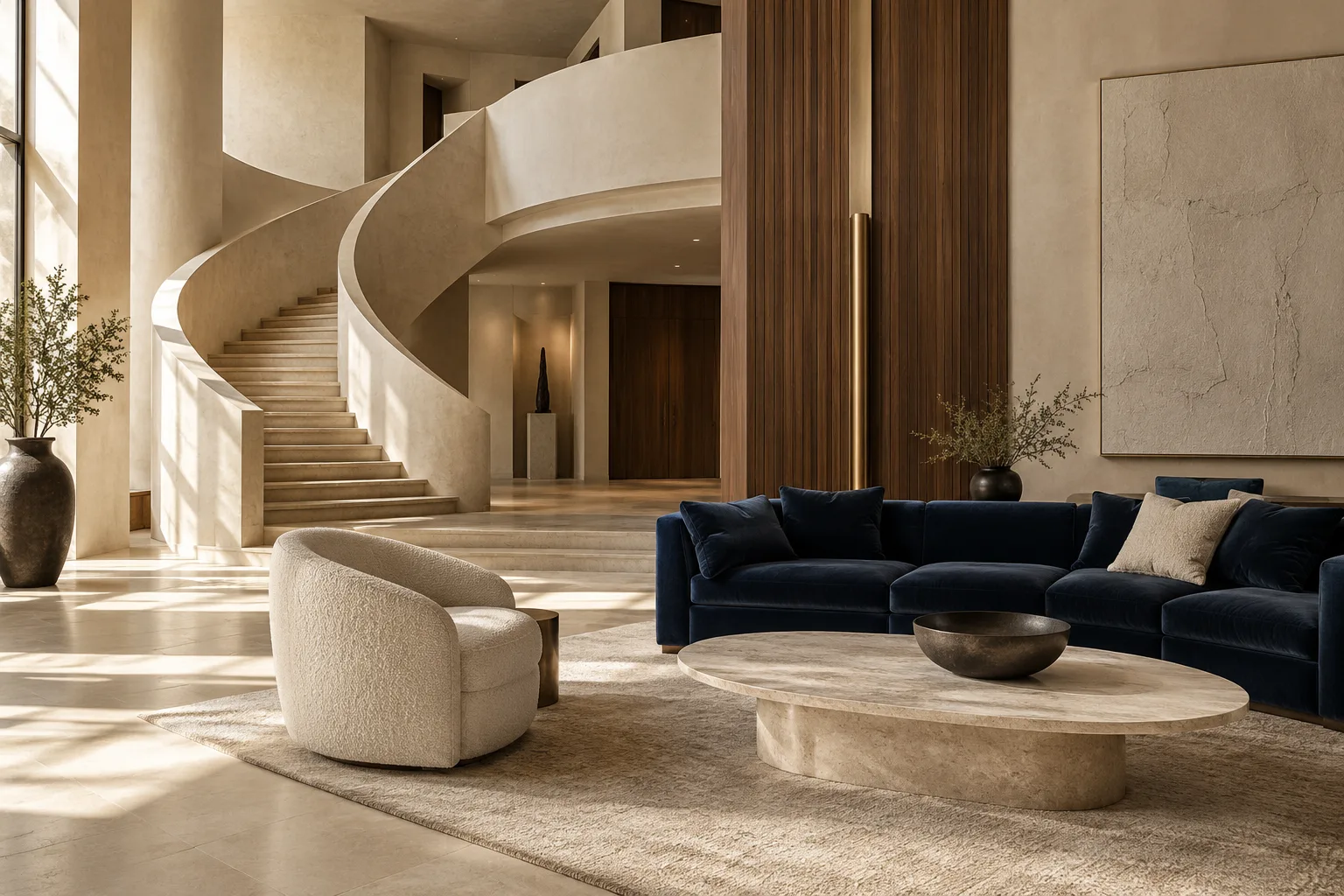 Illustrative luxury interior with sculptural limestone stairs, walnut walls and navy seating