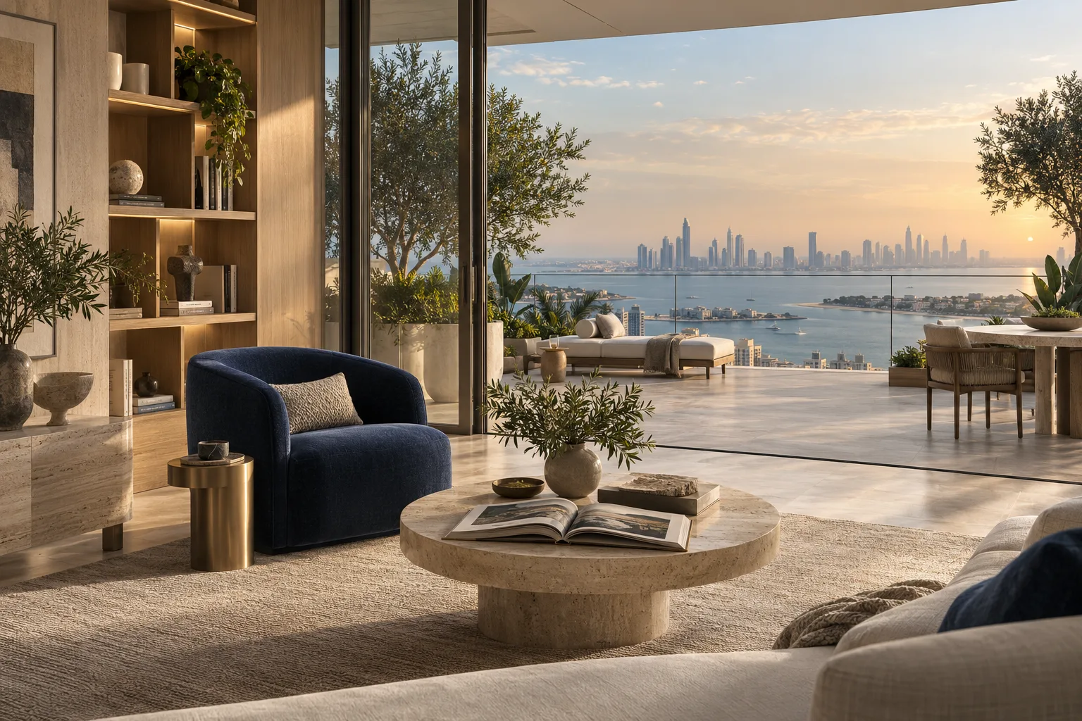 Illustrative contemporary living room and waterfront terrace