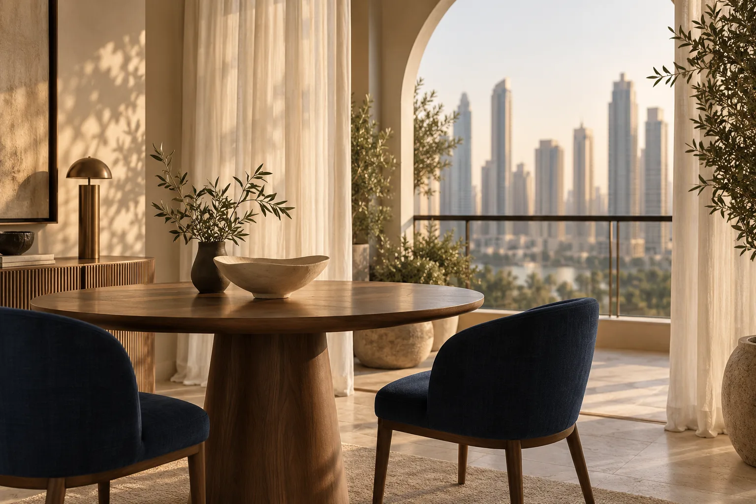 Illustrative apartment dining nook with walnut furniture, navy chairs and warm limestone