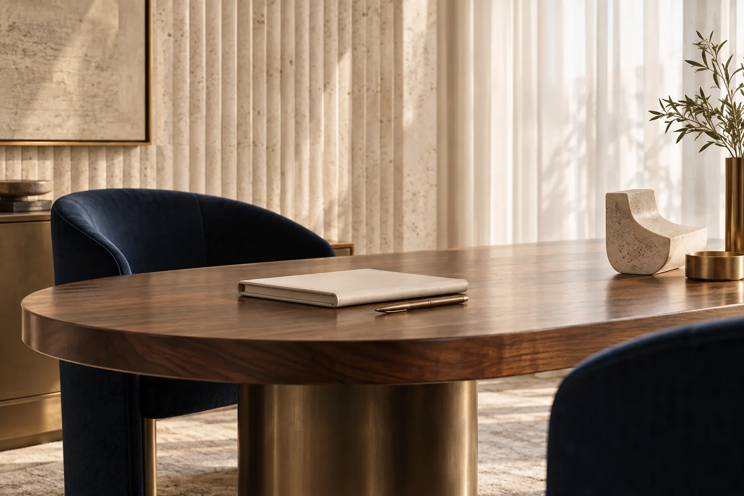 Illustrative advisory setting with a walnut table, ivory folio and navy chairs